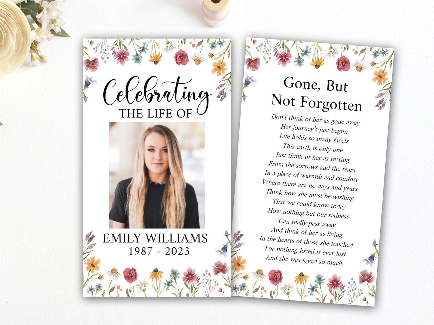 Celebration Of Life Red Greenery Wildflower Meadow Funeral Prayer Card Template, Printable Wildflower Memorial Prayer Card Template, Wildflower Catholic Mass Card