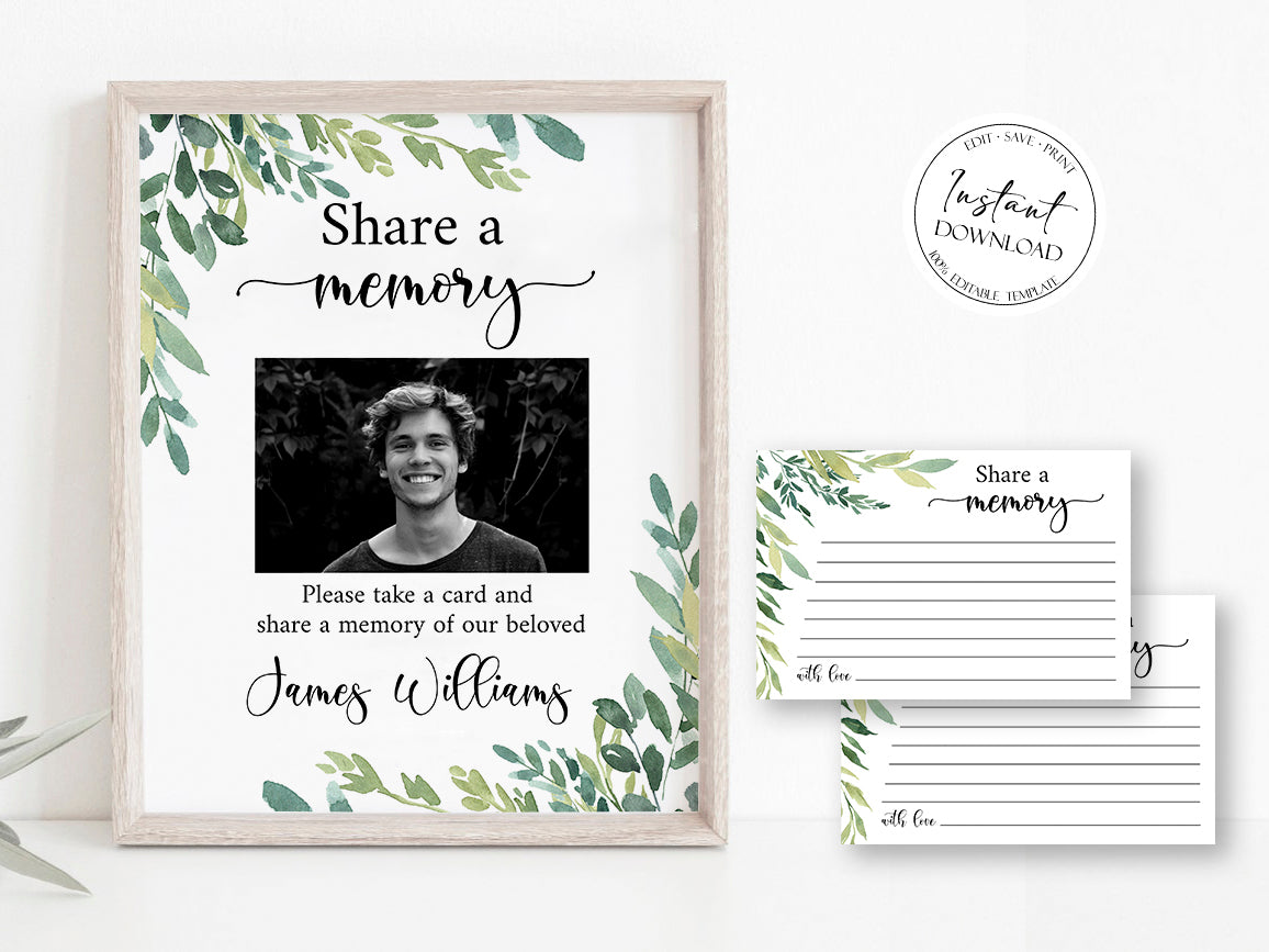 Watercolor Greenery Share a Memory Funeral Sign Share a Memory Card Template, Share a Memory Cards, Greenery Funeral Memory Cards, Funeral Share a Memory Cards, Greenery Memorial G2