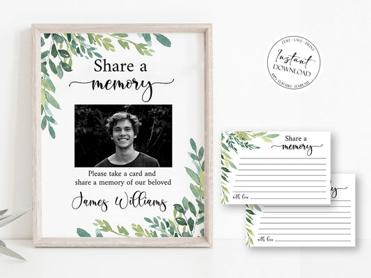 Watercolor Greenery Share a Memory Funeral Sign Share a Memory Card Template, Share a Memory Cards, Greenery Funeral Memory Cards, Funeral Share a Memory Cards, Greenery Memorial G2