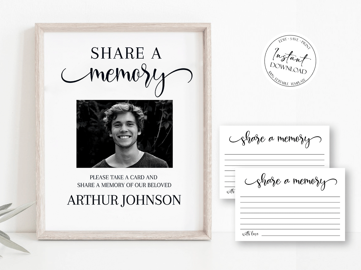 Simple Elegant Share a Memory Funeral Sign and Share a Memory Card Template S2