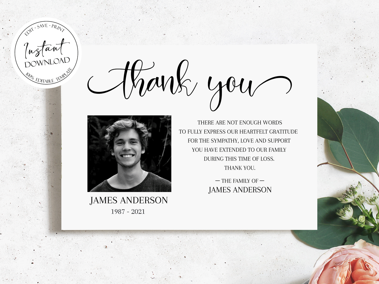 Celebration of life Simple Elegant Photo Funeral Thank you Card Template, Memorial Card, Printable Thank You Card Template, Editable Sympathy Card S2