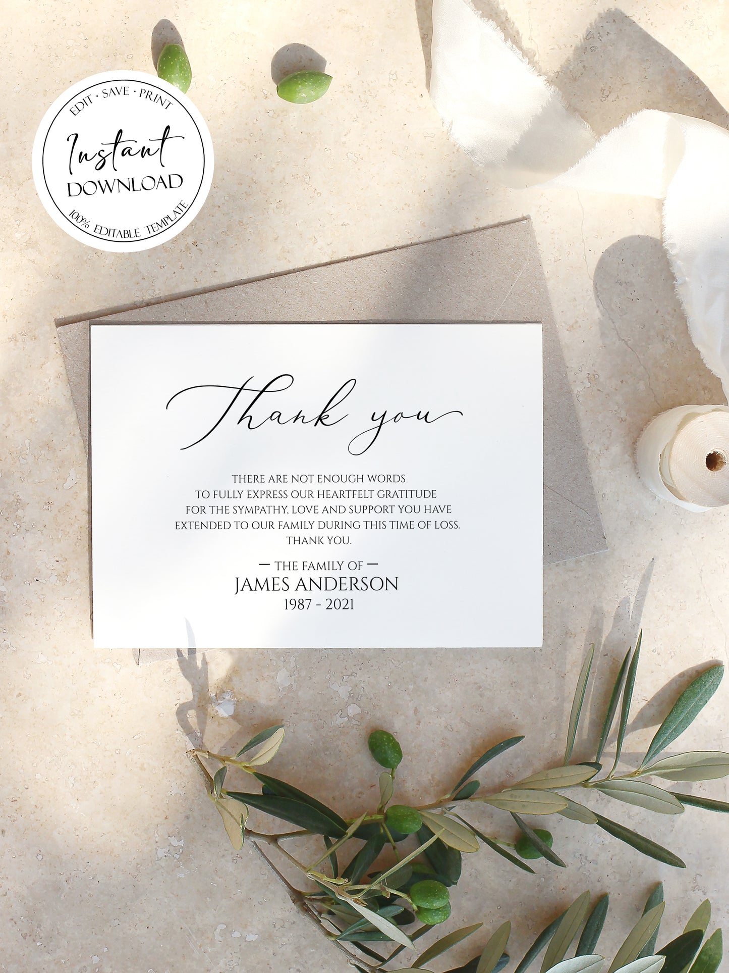 Celebration of life Simple Elegant Funeral Thank you Card Template S1