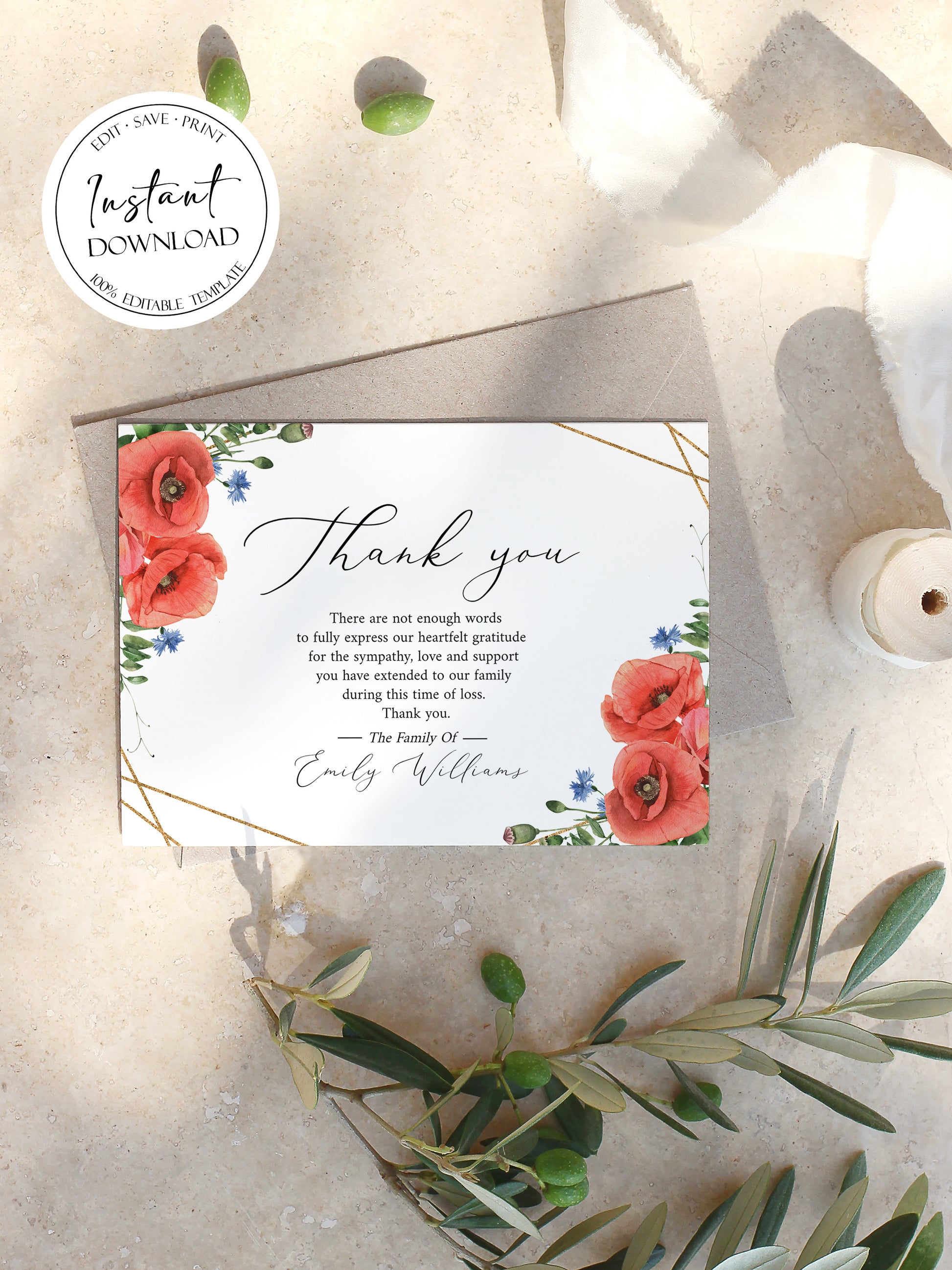 Celebration of life Red Poppies Greenery Funeral Thank You Card Template, Celebration of life Printable Red Poppies Funeral Thank You Cards Red Poppies Sympathy Card