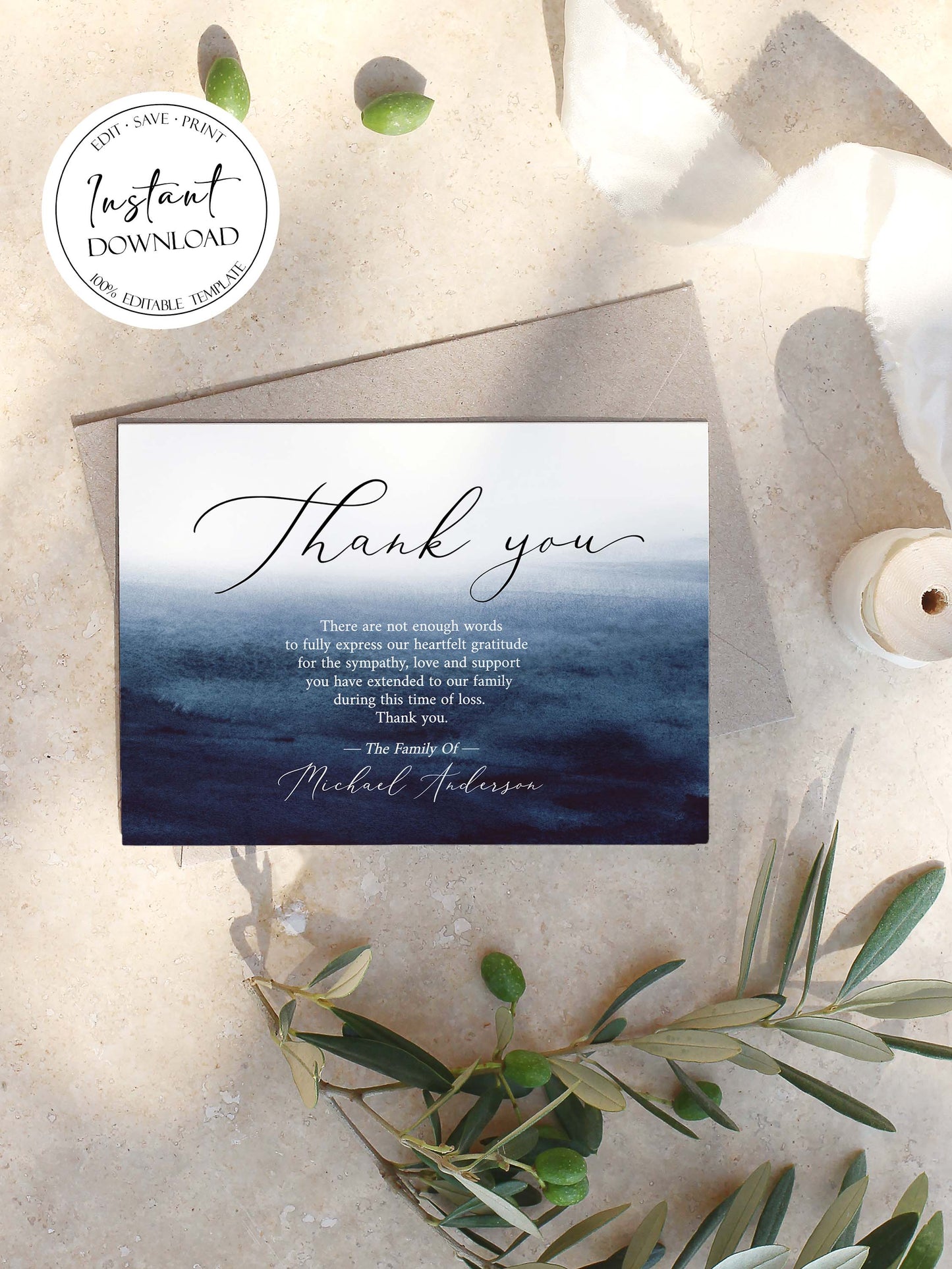 Celebration of life Blue Watercolor Ocean Funeral Thank You Card Template B5