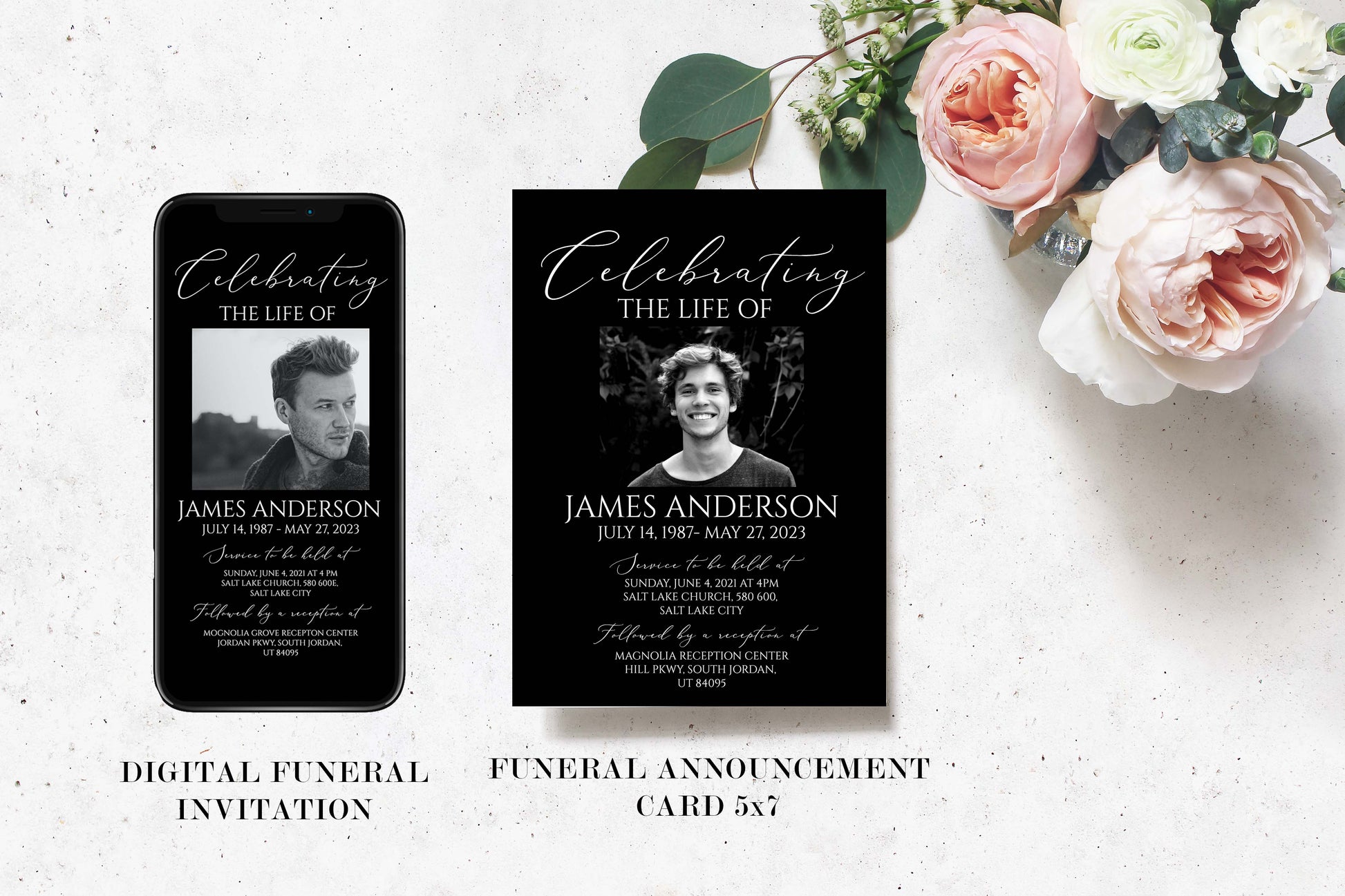 Editable Celebration Of Life Minimalist Elegant Black Funeral Bundle Set, In Loving Memory Suite, Funeral Templates Bundle, Black Simple Elegant Funeral