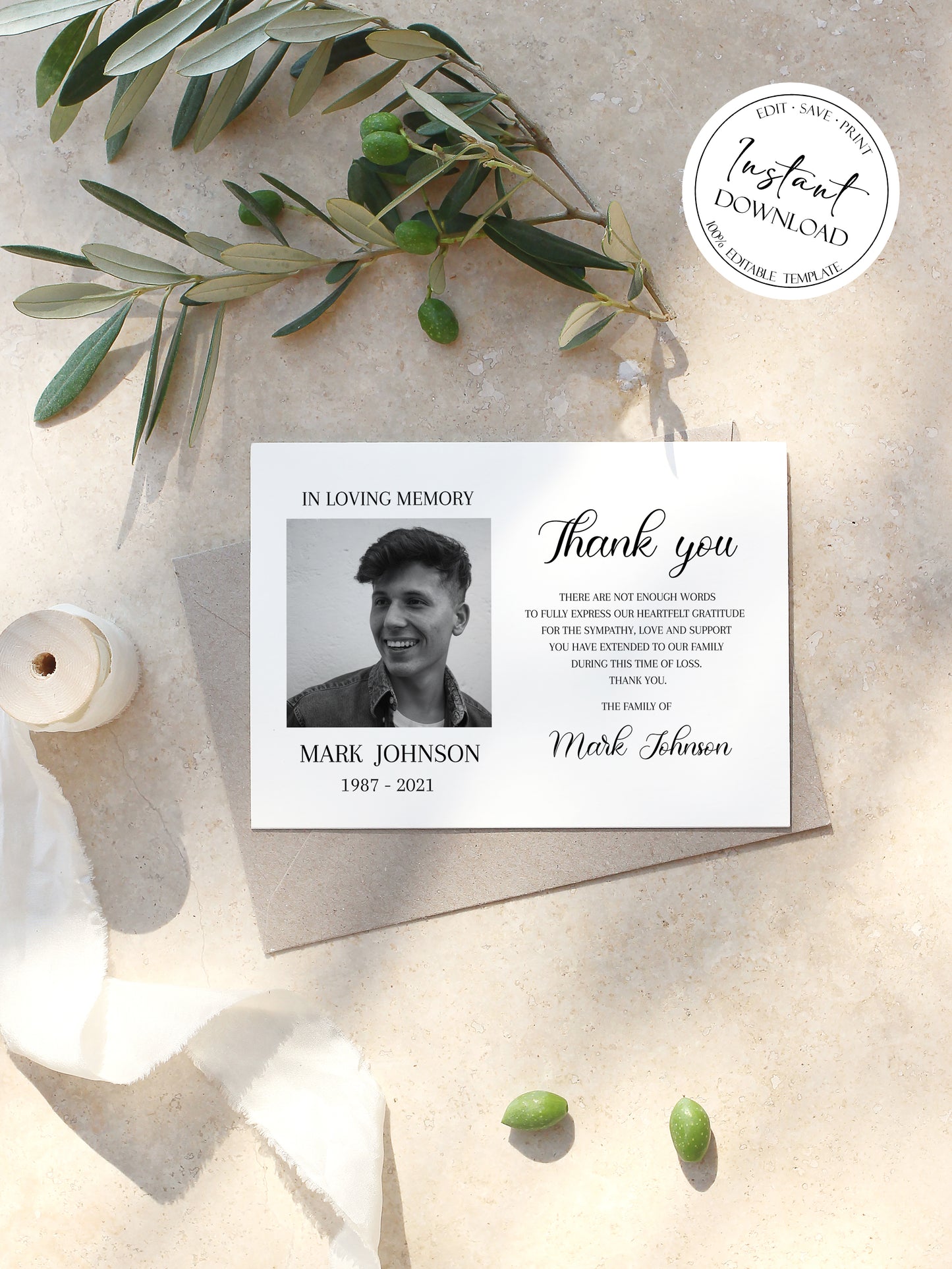 Celebration of life Simple Elegant Photo Funeral Thank you Card Template S3