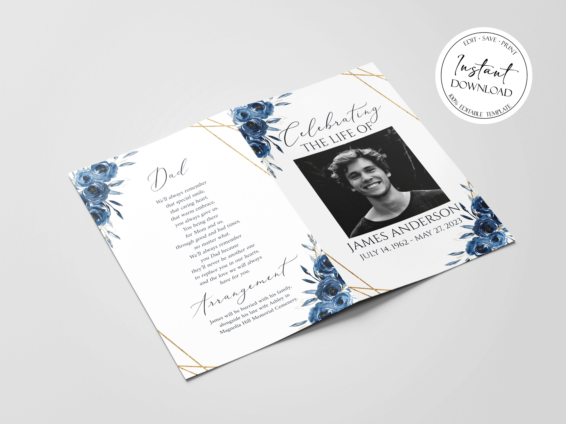 11x17 Celebration Of Life Royal Blue Flowers Gold Funeral Program Temp –  PeacefulMemoryDesign