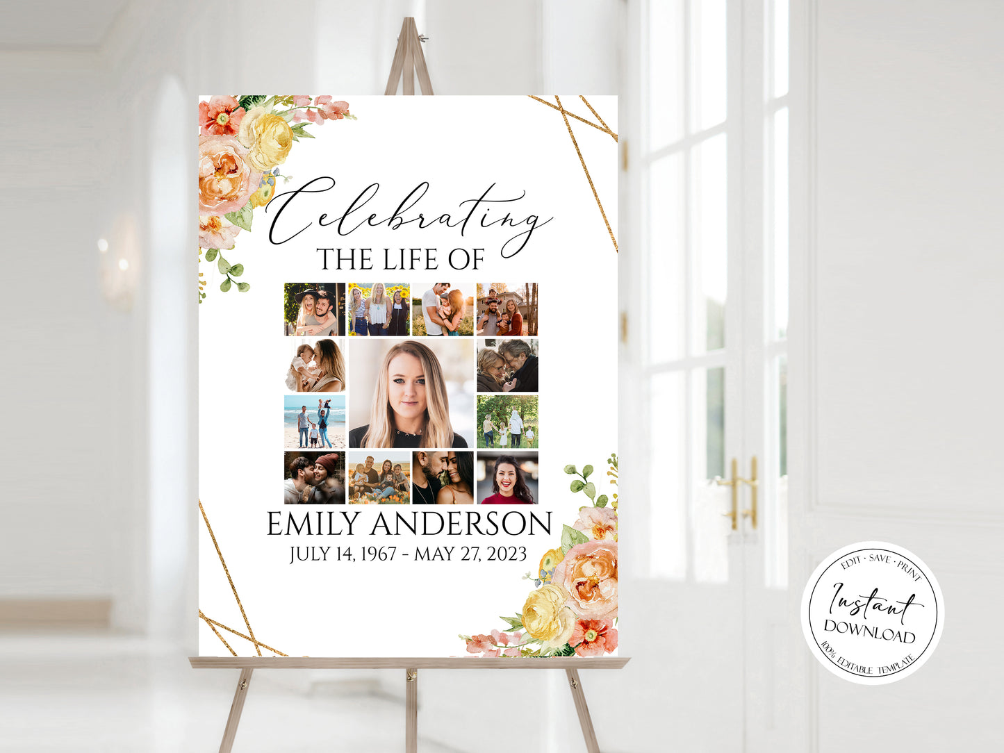 Celebration Of Life Elegant Yellow Pink Floral Photo Collage Funeral Welcome Sign Yellow Pink Photo Collage Funeral Poster, Yellow Pink Photo Collage Memorial Sign