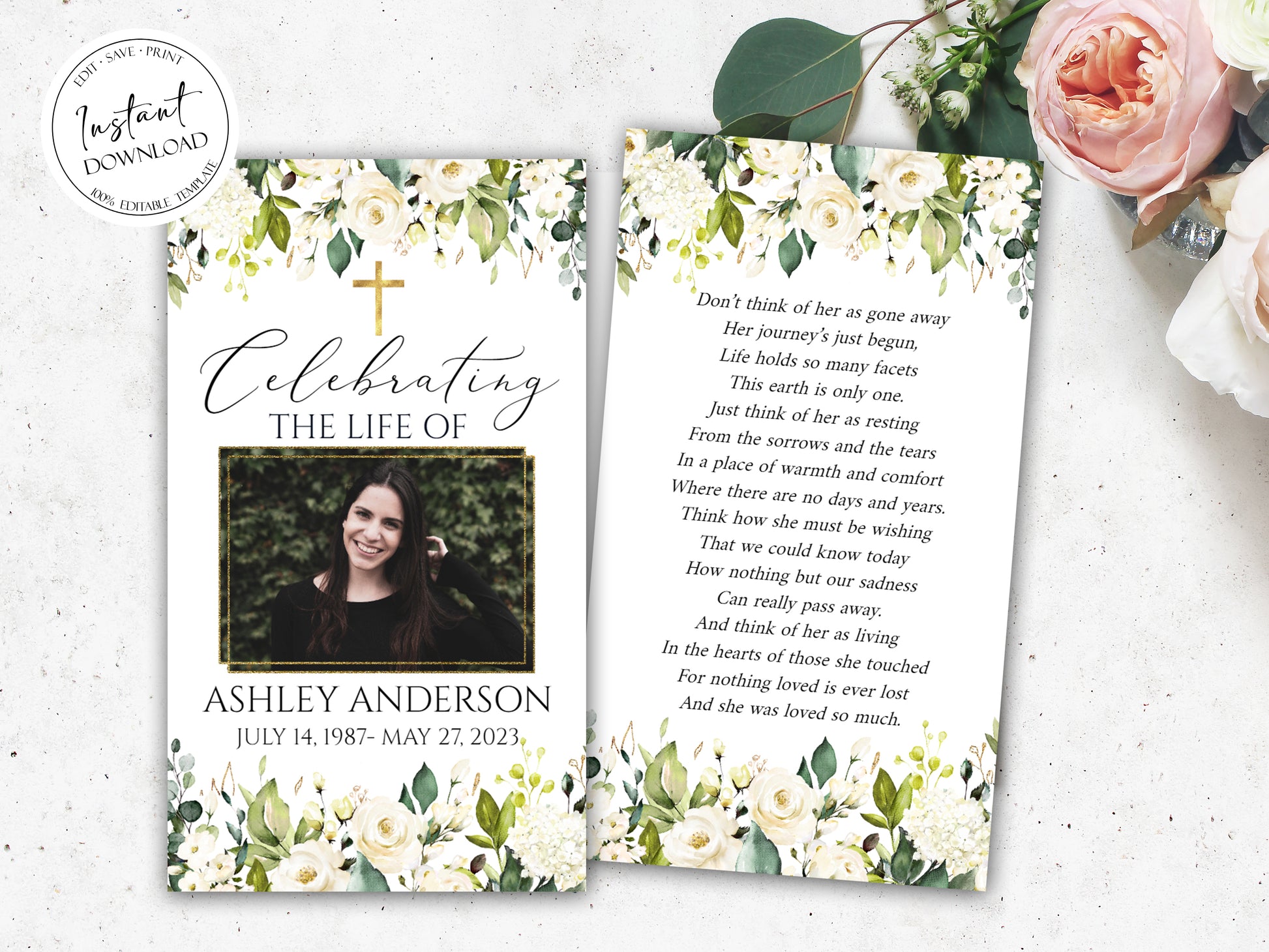 Celebration of life White Greenery Floral Gold Cross Funeral Prayer Card Template , Printable White Greenery Floral Memorial Prayer Cards, Gold Cross Catholic Mass Card 