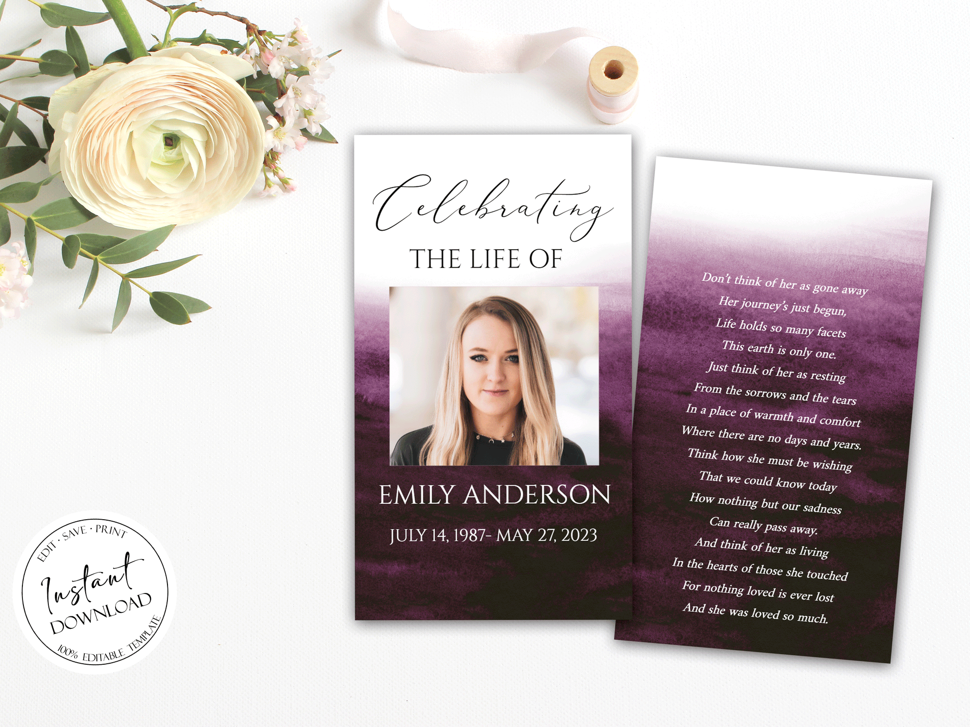 Celebration Of Life Pink Fuchsia Watercolor Funeral Prayer Card Template, Printable Memorial Prayer Card Template, Purple Pink Prayer Card