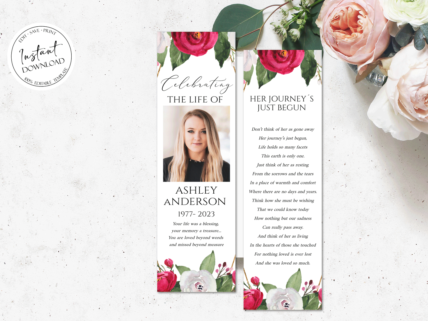 Celebration of Life White Pink Roses Funeral Bookmark Template, Celebration of Life Bookmark, Funeral Keepsake Cards, Pink Roses Memorial Bookmark, Obituary Bookmark P2