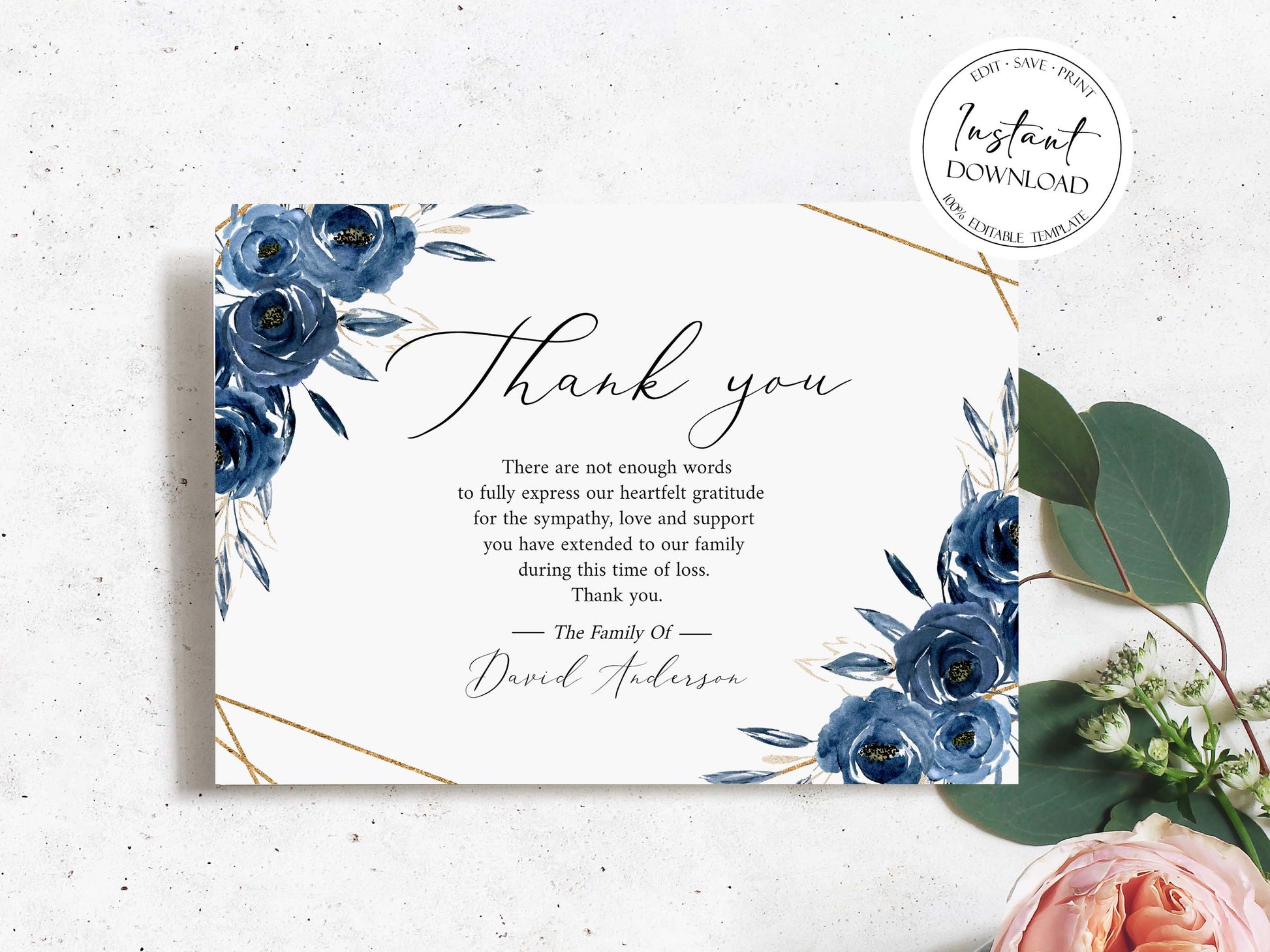 Celebration Of Life Royal Blue Flowers Gold Funeral Thank You Card Template, Printable Blue Memorial Thank You Card, Editable Royal Blue Floral Sympathy Card B2