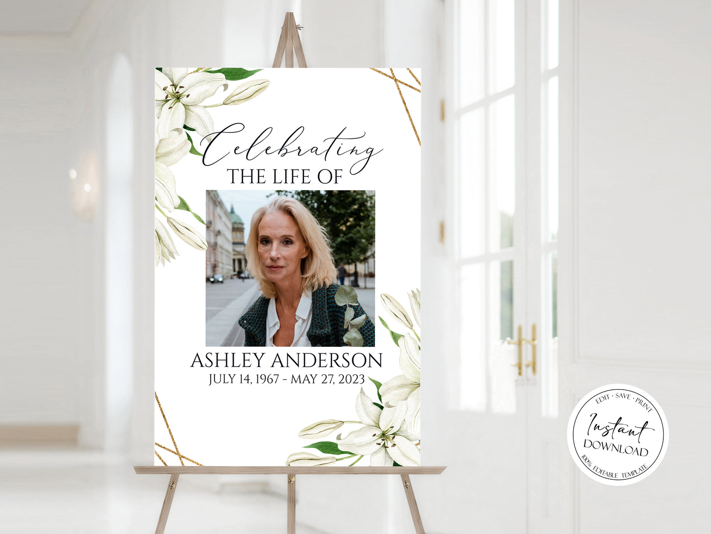 Celebration Of Life White Lilies Greenery Gold Funeral Welcome Sign Template, In Loving Memory Welcome Sign, White Lilies Memorial Sign, White Lilies Funeral Poster