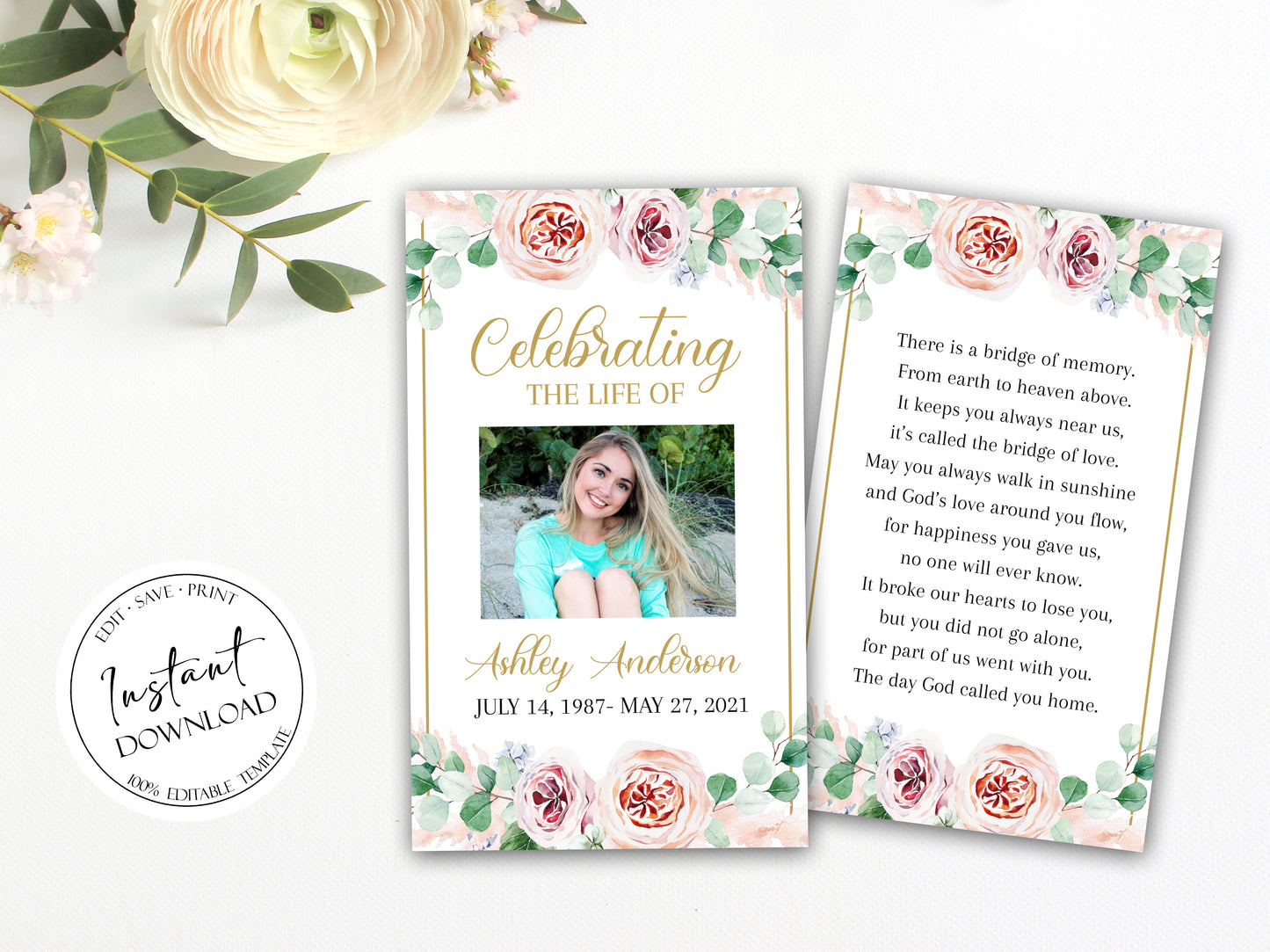 Editable Pink Roses Greenery Funeral Prayer Card Template, Printable Memorial Prayer Card Template, Blush Funeral Prayer Card, Catholic Mass Card