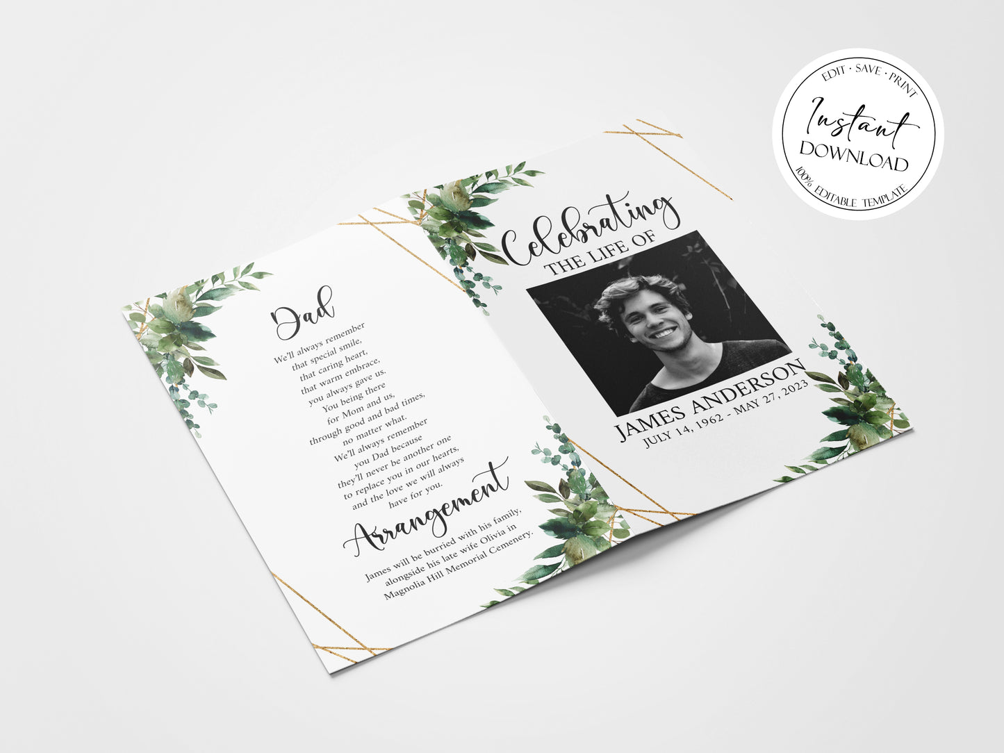 11x17 Celebration of life Watercolor Greenery Gold Funeral Program Template Q1