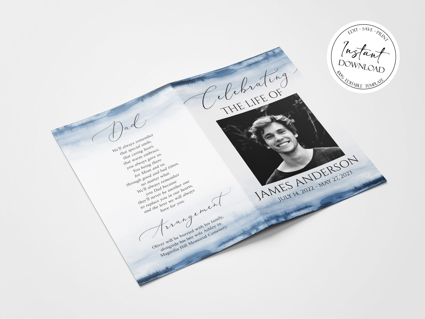 11x17 Celebration of Life Funeral Program Template, Blue Watercolor Funeral Brochure, Blue Memorial Program, Obituary Program for men B4