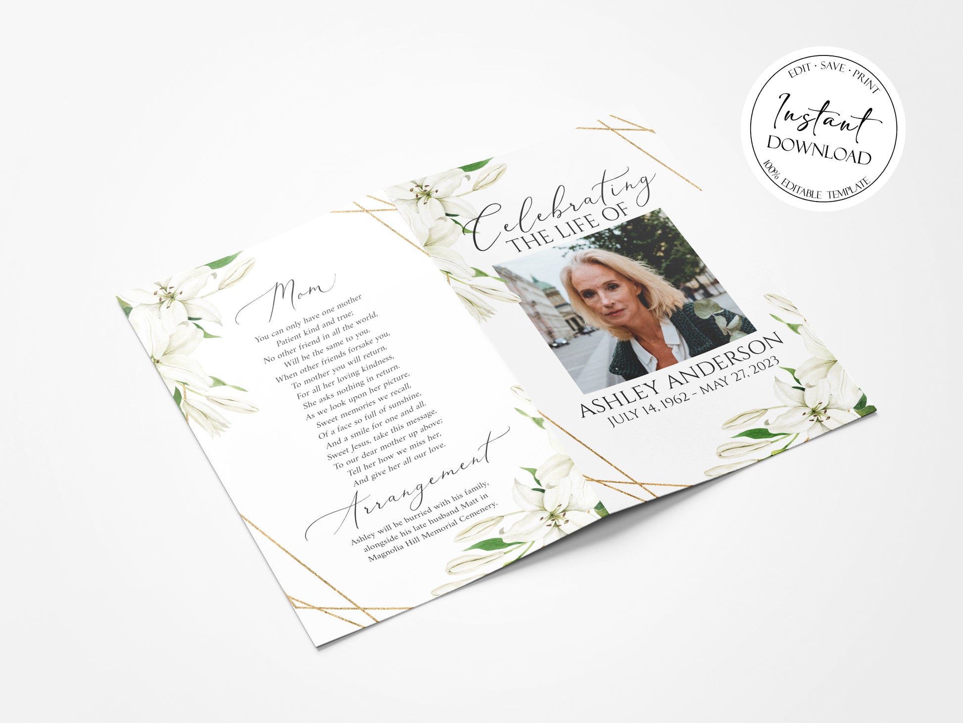 11x17 Celebration of Life White Lilies Greenery Funeral Program Template, White Floral Memorial Program, Obituary Program, White Lilies Greenery Funeral Mass Program