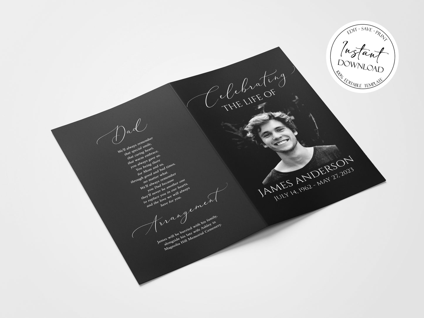 11x17 Celebration of Life Minimalist Elegant Black Funeral Program Template B