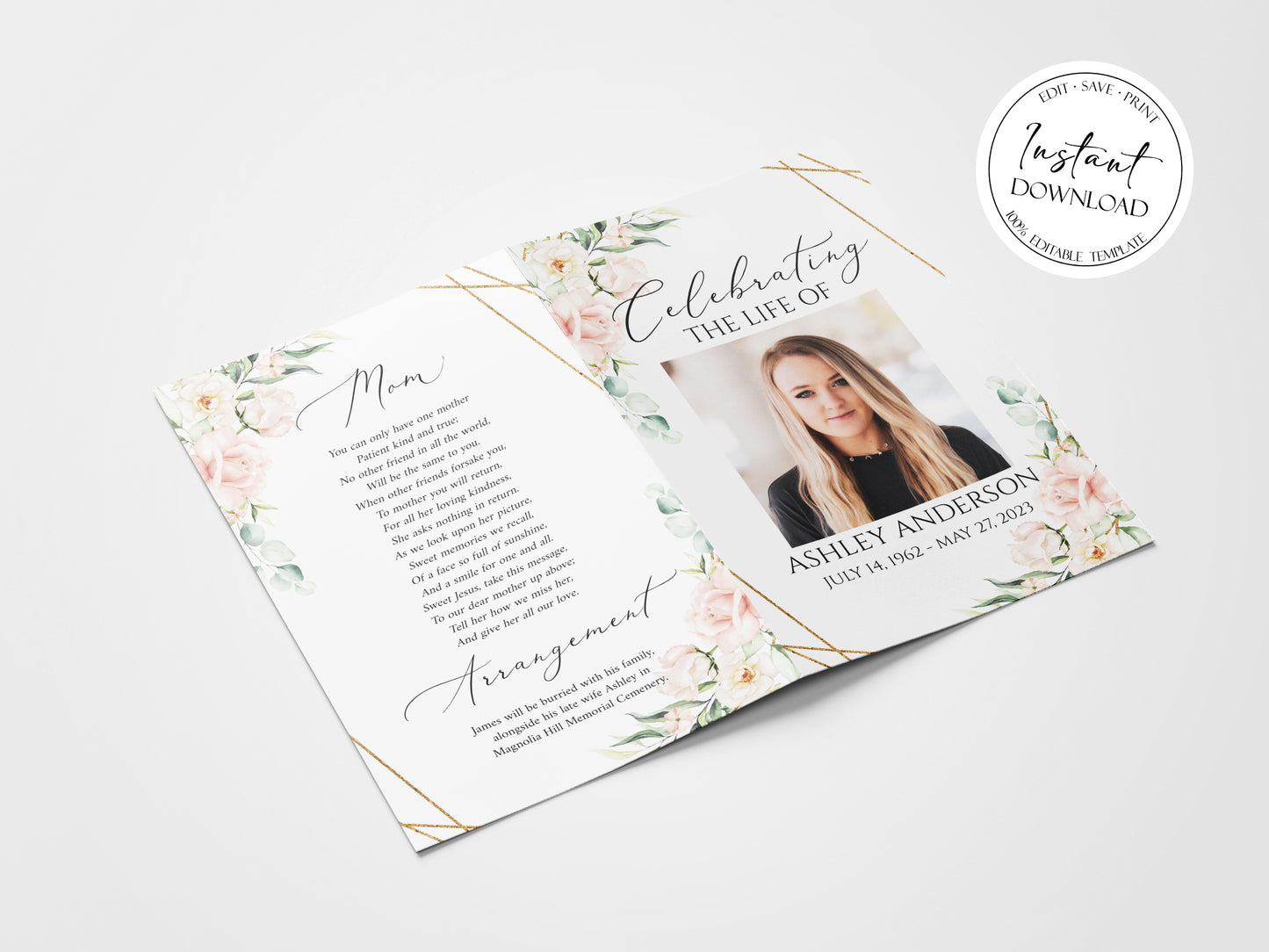 Blush Pink Roses 8 Page Funeral Program Template, Celebration of Life Program, Memorial Program, Obituary Program, Funeral Mass Program P4