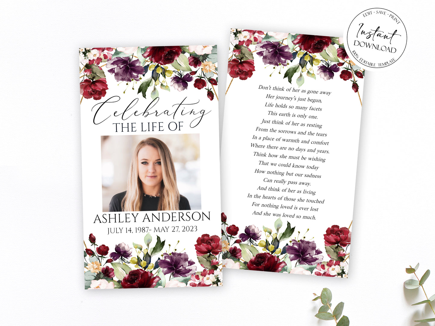 Celebration Of Life Red Roses Funeral Prayer Card Template R1