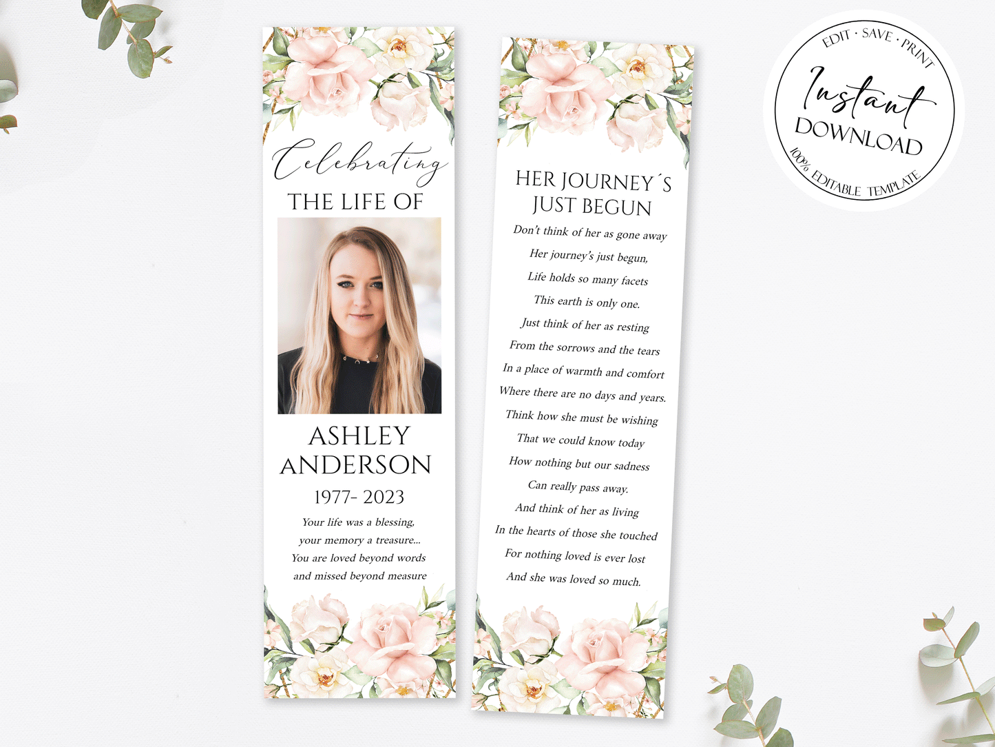 Pink Roses Funeral Bookmark Template, Blush Funeral Bookmark, Funeral Keepsake Cards, Memorial Bookmark, Obituary Bookmark Keepsake Cards P4