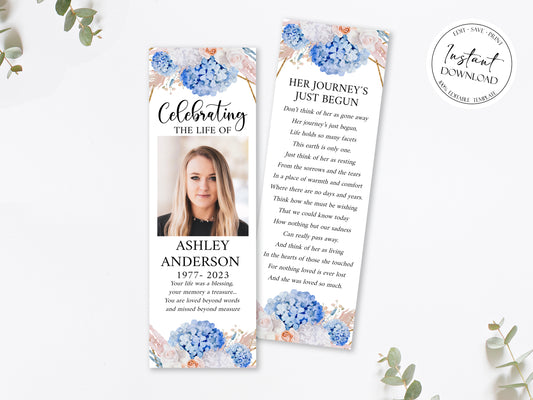 Celebration of Life Blush Roses White Blue Hydrangea Funeral Bookmark Template O1