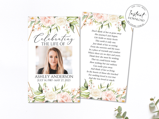 Editable Pink Roses Funeral Prayer Card Template, Printable Memorial Prayer Card Template, Blush Funeral Prayer Card, Catholic Mass Card