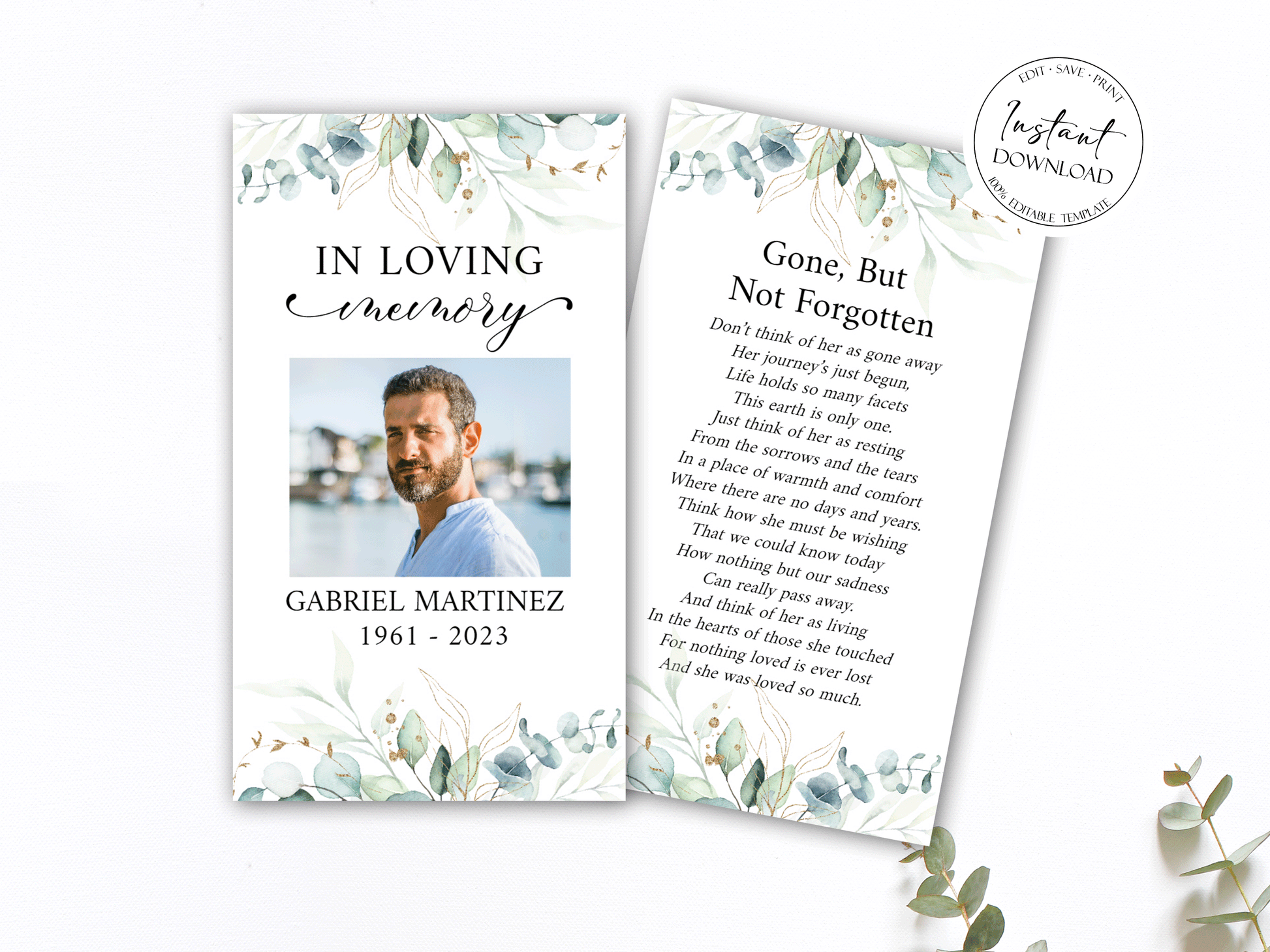 Editable Celebration Of Life Watercolor Greenery Gold Funeral Prayer Card Template, Printable Memorial Prayer Card Template, Greenery Prayer Card, Catholic Prayer Card G1