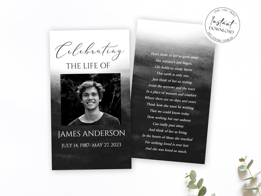 Celebration Of Life Black Watercolor Funeral Prayer Card Template, Printable Memorial Prayer Card Template, Black Prayer Card, Celebration of life Prayer Card B6