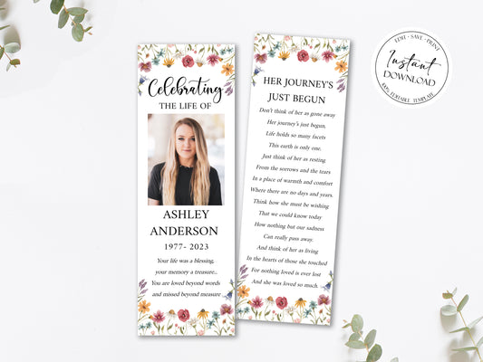 Celebration of Life Red Greenery Wildflower Meadow Funeral Bookmark Template, Wildflower Funeral Bookmark, Funeral Keepsake Cards, Wildflower Memorial Bookmark