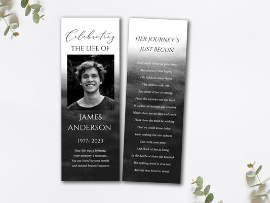 Celebration of Life Black Watercolor Funeral Bookmark Template, Funeral Keepsake Cards, Black Watercolor Memorial Bookmark, Obituary Bookmark