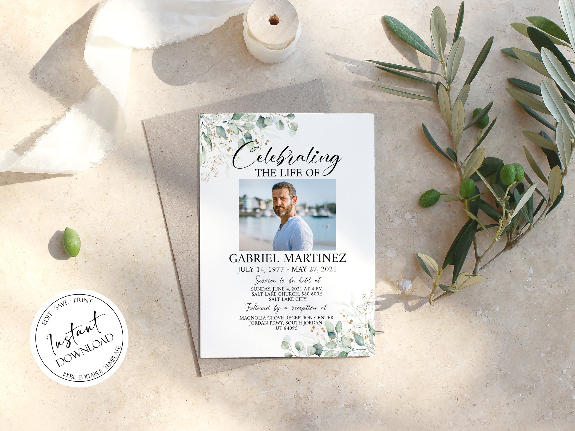 Celebration of life Watercolor Greenery Gold Funeral Invitation Template, Funeral Announcement Green Funeral Card Template, Memorial Service Card G1