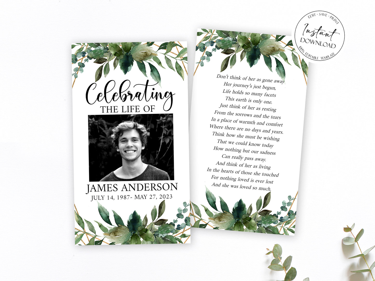 Celebration Of Life Watercolor Greenery Gold Funeral Prayer Card Template, Printable Greenery Memorial Prayer Card Template, Greenery Funeral Prayer Card Green Catholic Prayer Cards Q1