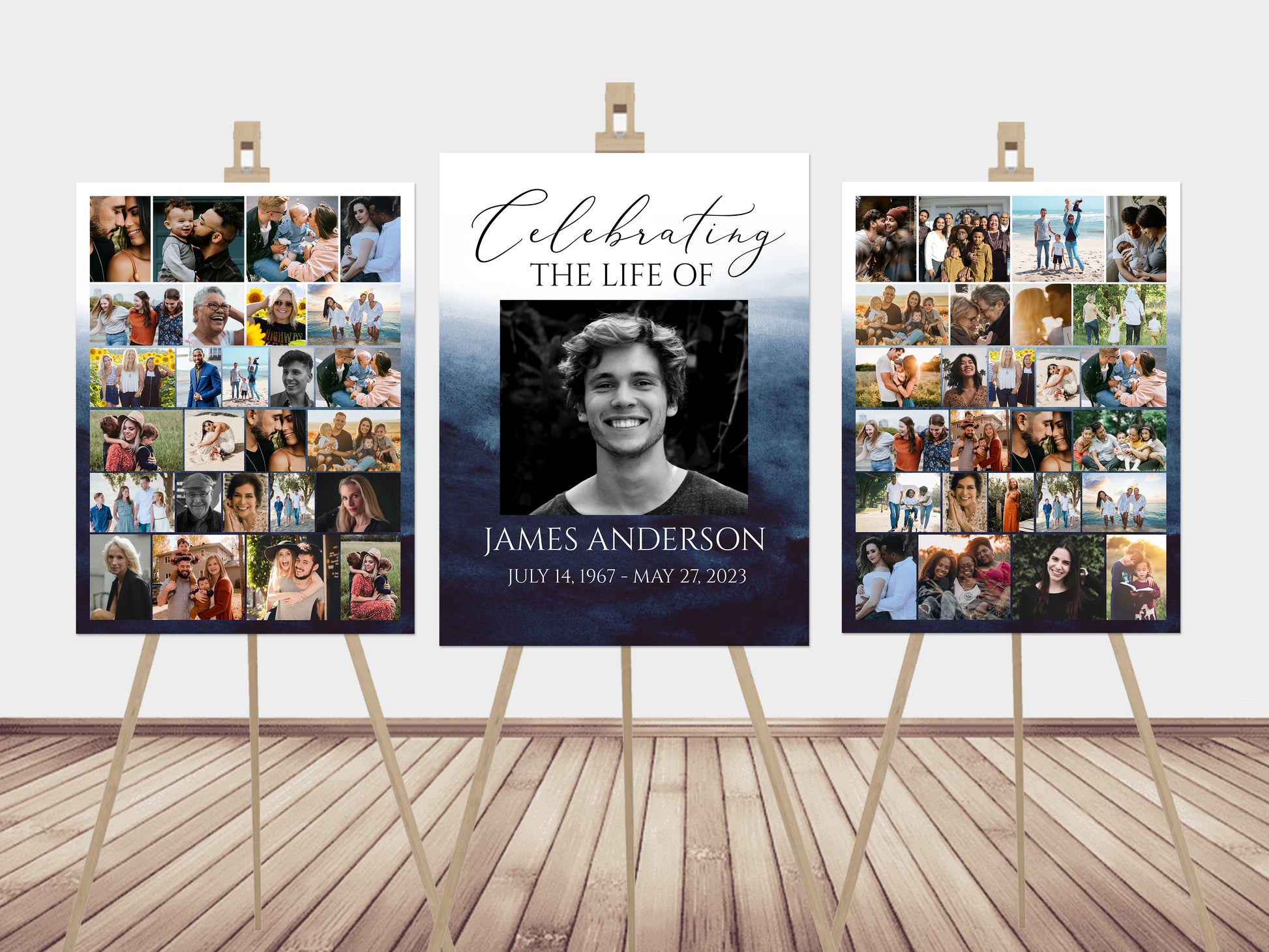 Celebration Of Life Funeral Poster Blue Watercolor Photo Collage Funeral Welcome Sign, Memorial Sign, Ocean Funeral Poster Photo Display Set B5