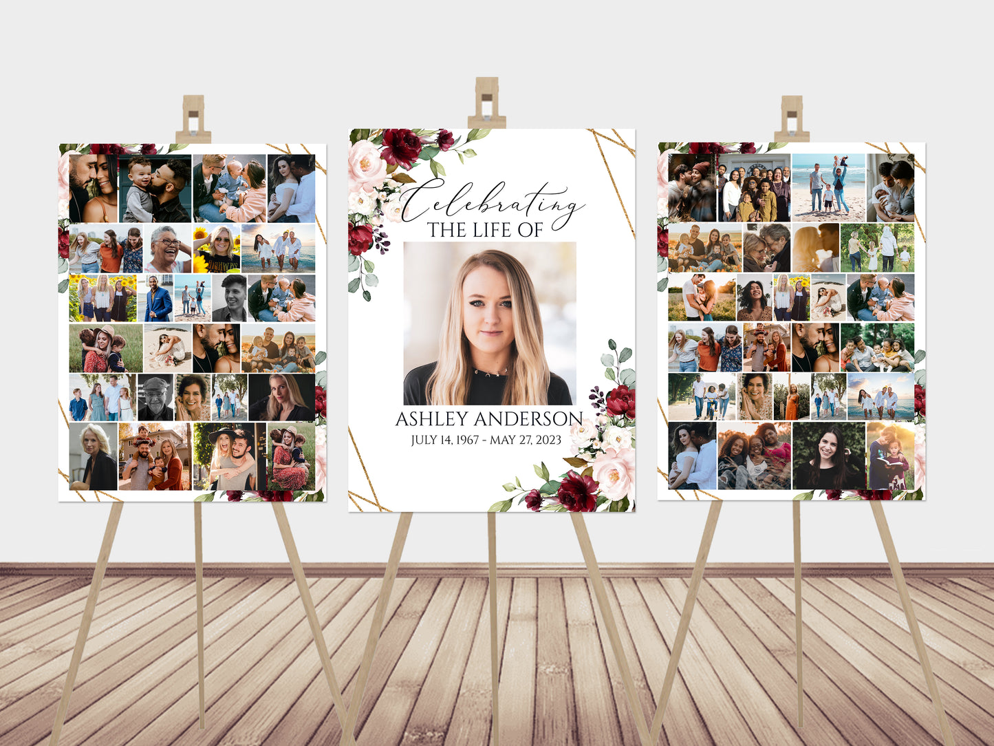 Celebration Of Life Funeral Poster Red Roses Photo Collage Funeral Welcome Sign Photo Memorial Sign Funeral Poster Photo Display Set R1