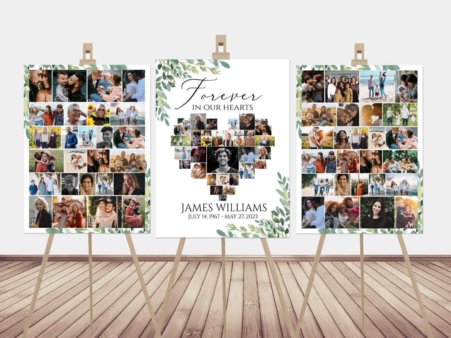 Forever in our Hearts Watercolor Greenery Heart Photo Collage Funeral Welcome Sign Template, Editable Greenery Heart Photo Collage Funeral Sign, Memorial Photo Display Set G2