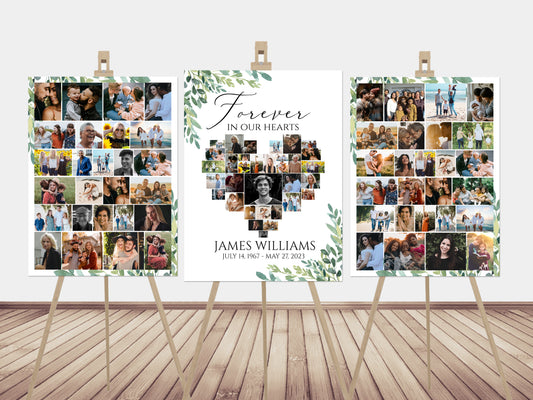 Forever in our Hearts Watercolor Greenery Heart Photo Collage Funeral Welcome Sign Template, Editable Greenery Heart Photo Collage Funeral Sign, Memorial Photo Display Set G2