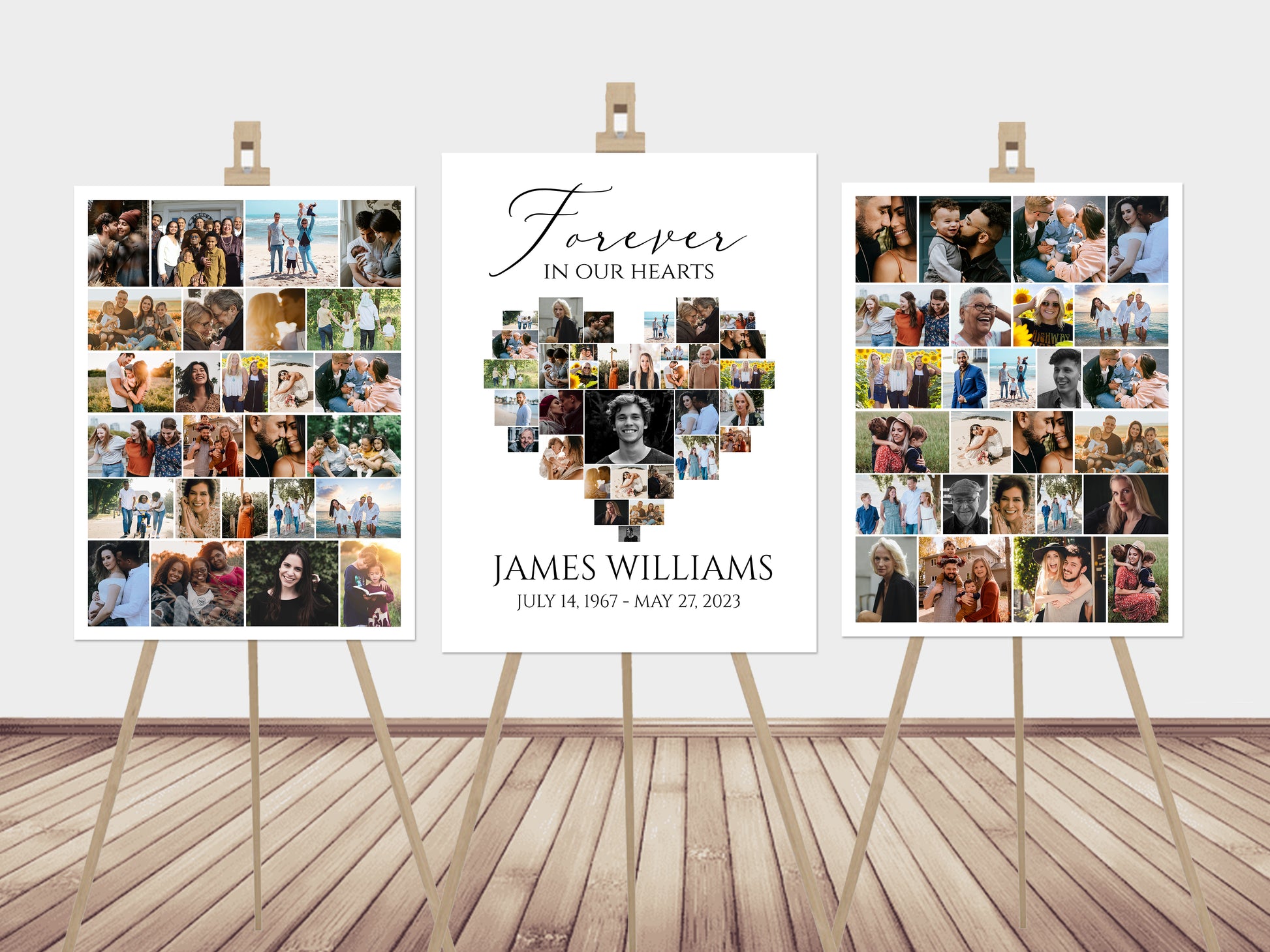 Celebration Of Life Funeral Poster, Editable Heart Photo Collage Funeral Sign, Forever in our Hearts Simple Memorial Photo Display Set S1