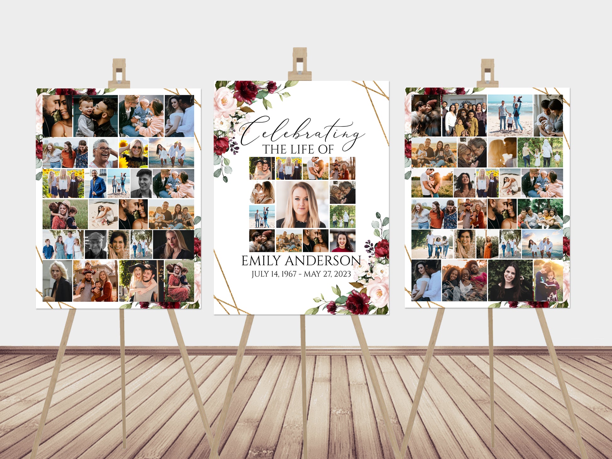 Celebration Of Life Funeral Poster, Editable Red Roses Photo Collage Funeral Sign, Photo Memorial Sign, Funeral Poster Photo Display Set R1