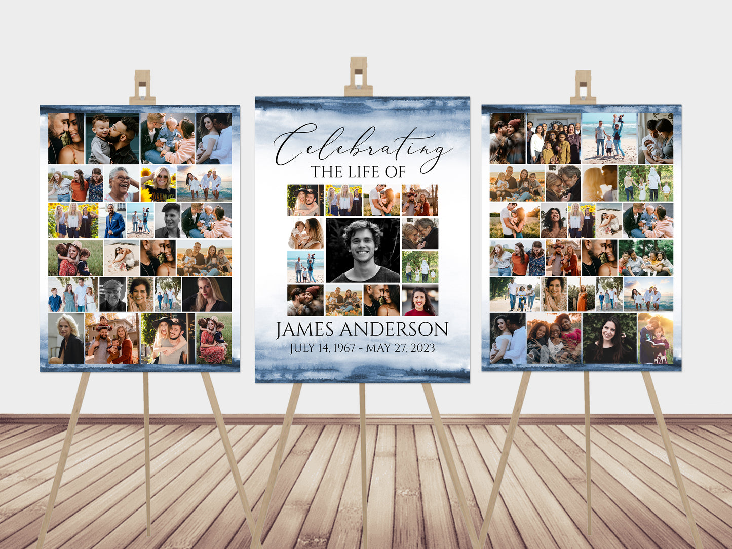 Celebration Of Life Funeral Poster, Blue Watercolor Photo Collage Funeral Sign, Photo Memorial Sign, Ocean Funeral Poster Photo Display Set B5