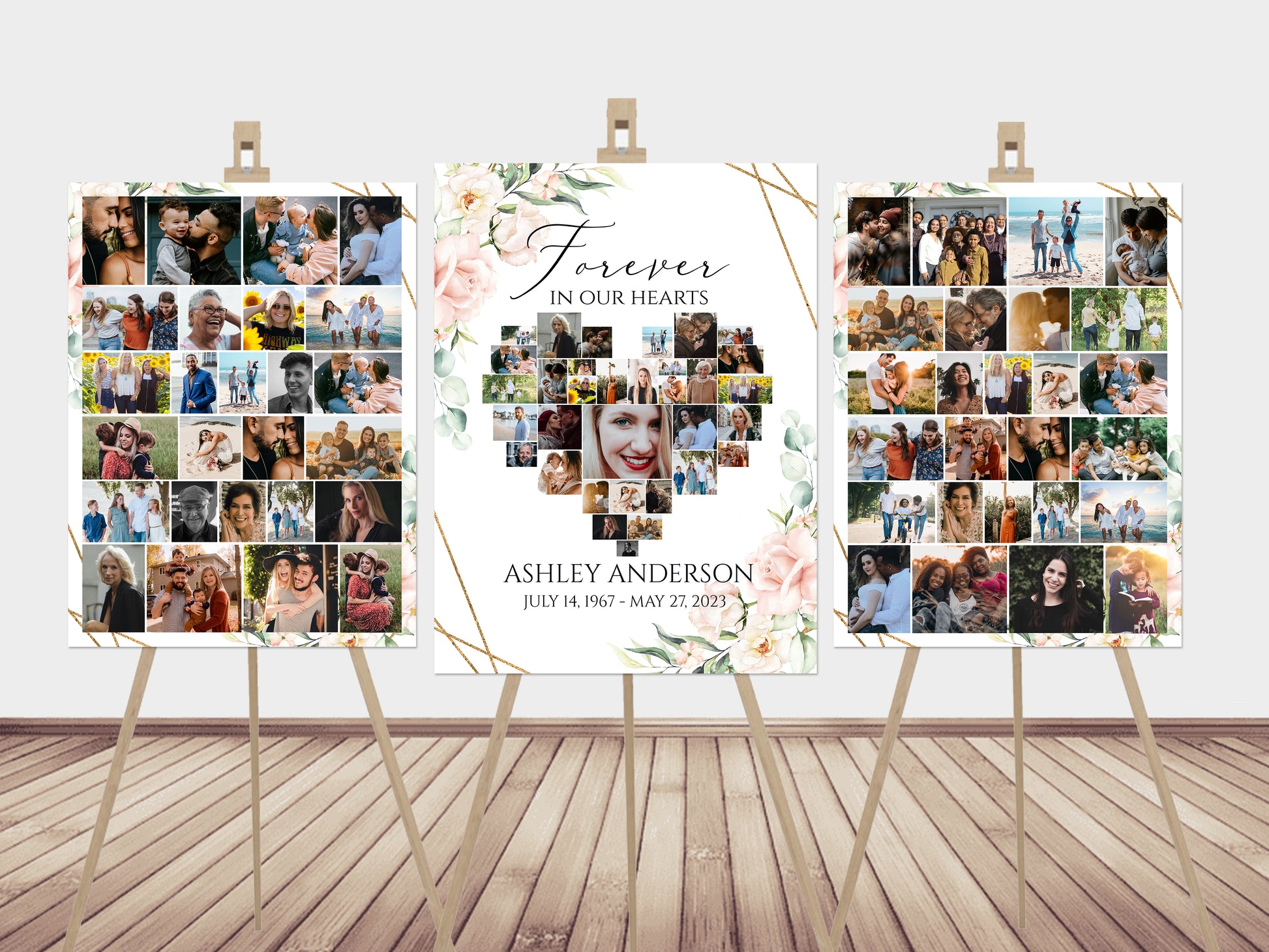 Celebration Of Life Funeral Poster, Blush Pink Roses Heart Photo Collage Funeral Sign, Forever in our Hearts Memorial Photo Display Set P4