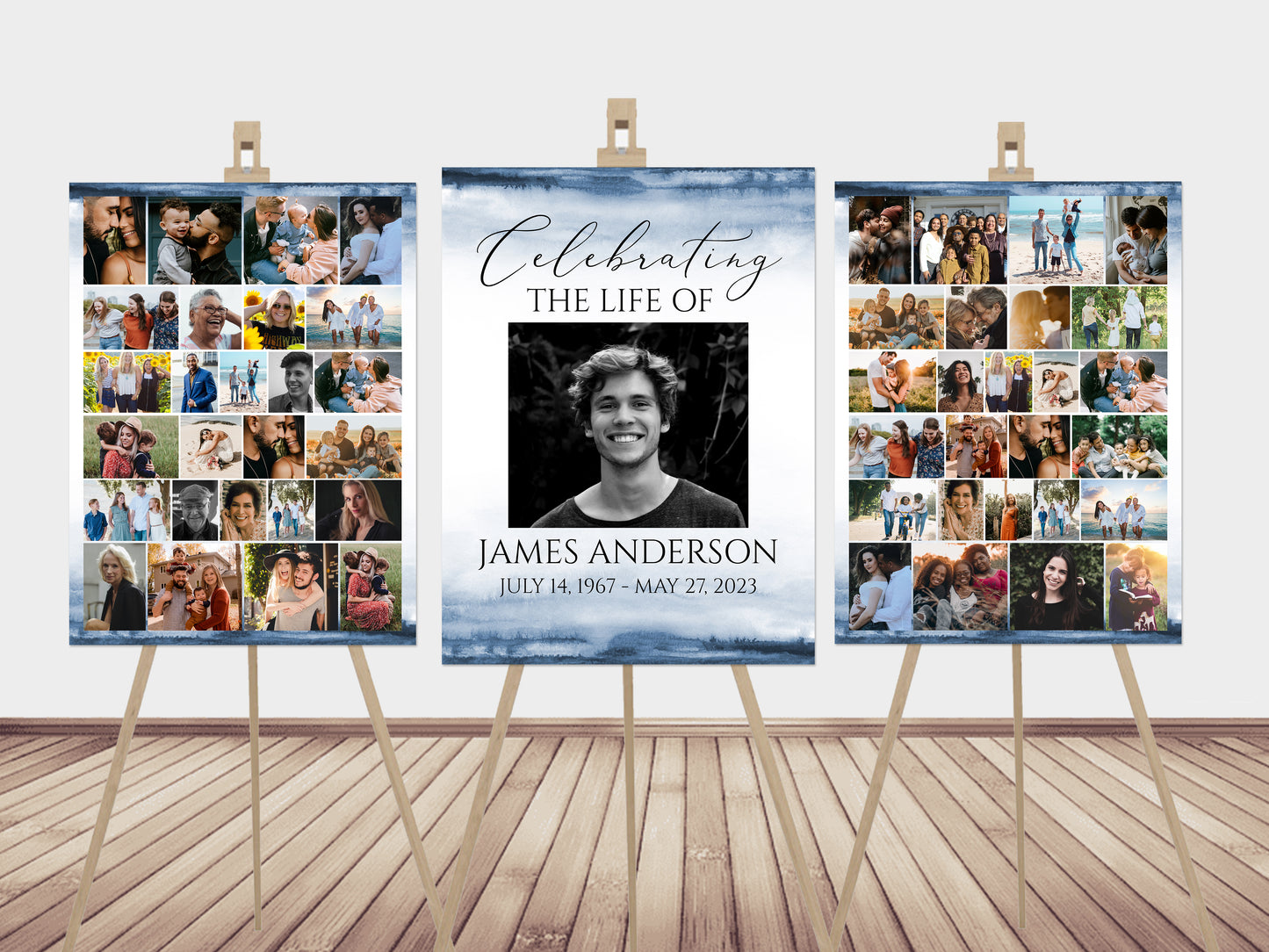 Celebration Of Life Funeral Poster Blue Watercolor Photo Collage Funeral Welcome Sign, Memorial Sign, Funeral Poster Photo Display Set