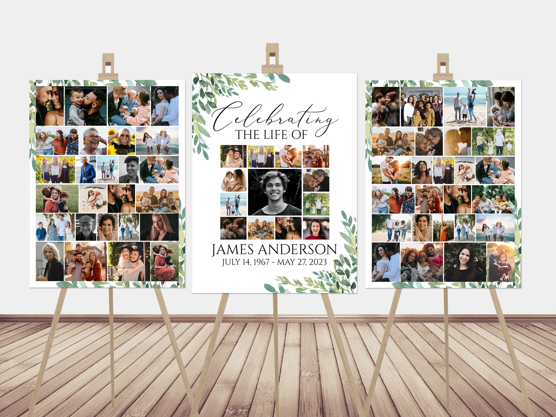 Celebration Of Life Watercolor Greenery Photo Collage Funeral Welcome Sign Templates, Editable Greenery Photo Collage Funeral Poster, Photo Memorial Sign, Funeral Photo Display Set G2