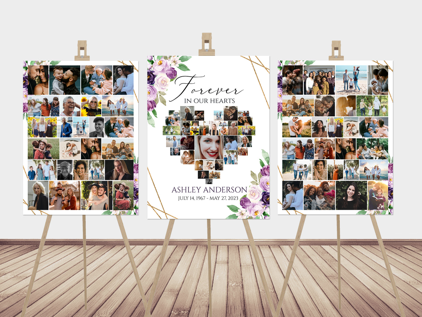 Celebration Of Life Funeral Poster, Editable Purple Heart Photo Collage Funeral Sign, Forever in our Hearts, Memorial Photo Display Set P1