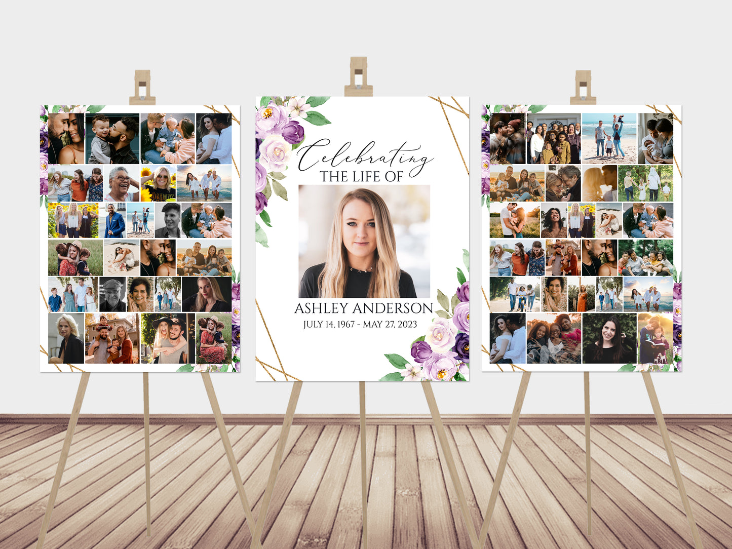 Celebration Of Life Funeral Poster Purple Photo Collage Funeral Welcome Sign Photo Memorial Sign Purple Funeral Poster Photo Display Set P1