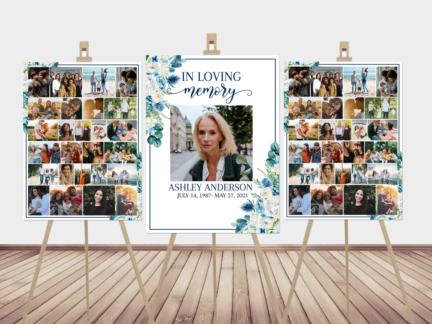 In Loving Memory Blue White Floral Photo Collage Funeral Welcome Sign Template, Blue White Photo Collage Memorial Sign, Funeral Poster Photo Display Set B1