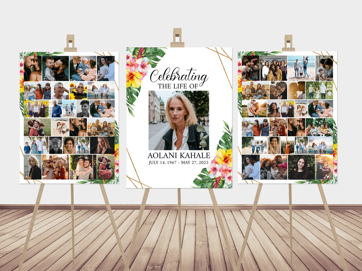 Celebration Of Life Tropical Hawaiian Plumeria Photo Collage Funeral Welcome Sign Template, Hawaiian Photo Collage Funeral Poster H1