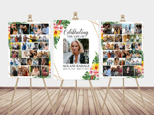 Celebration Of Life Tropical Hawaiian Plumeria Photo Collage Funeral Welcome Sign Template, Hawaiian Photo Collage Funeral Poster H1