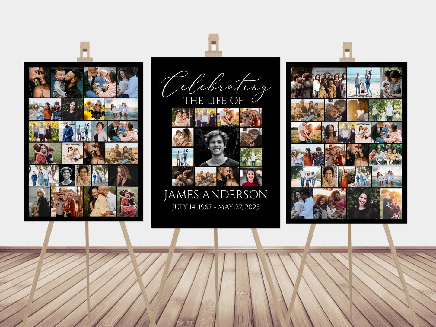 Celebration Of Life Minimalist Elegant Black Photo Collage Funeral Welcome Sign Set Templates, Black  Photo Memorial Sign Funeral Poster Photo Display Set