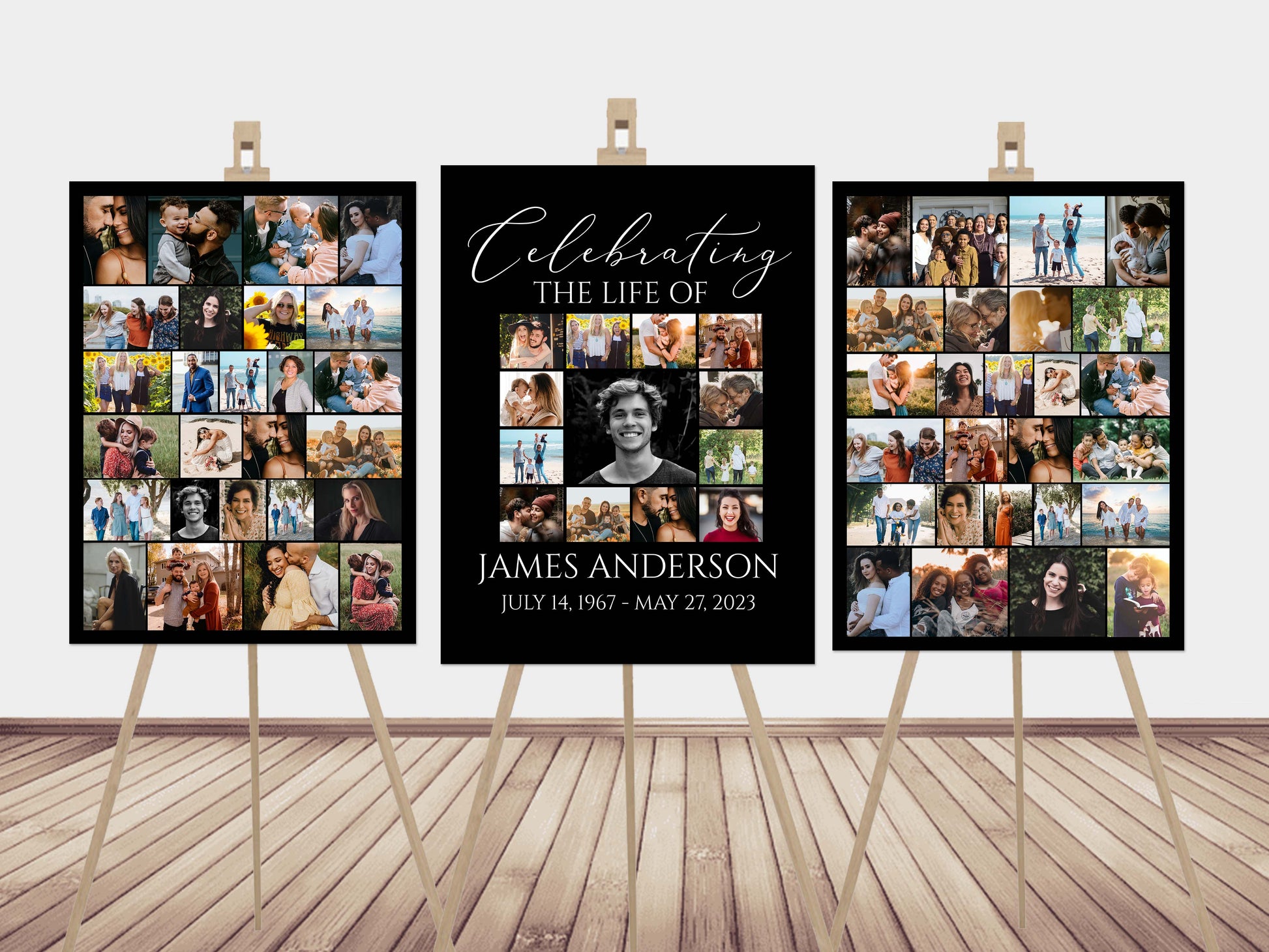 Celebration Of Life Minimalist Elegant Black Photo Collage Funeral Welcome Sign Set Templates, Black  Photo Memorial Sign Funeral Poster Photo Display Set